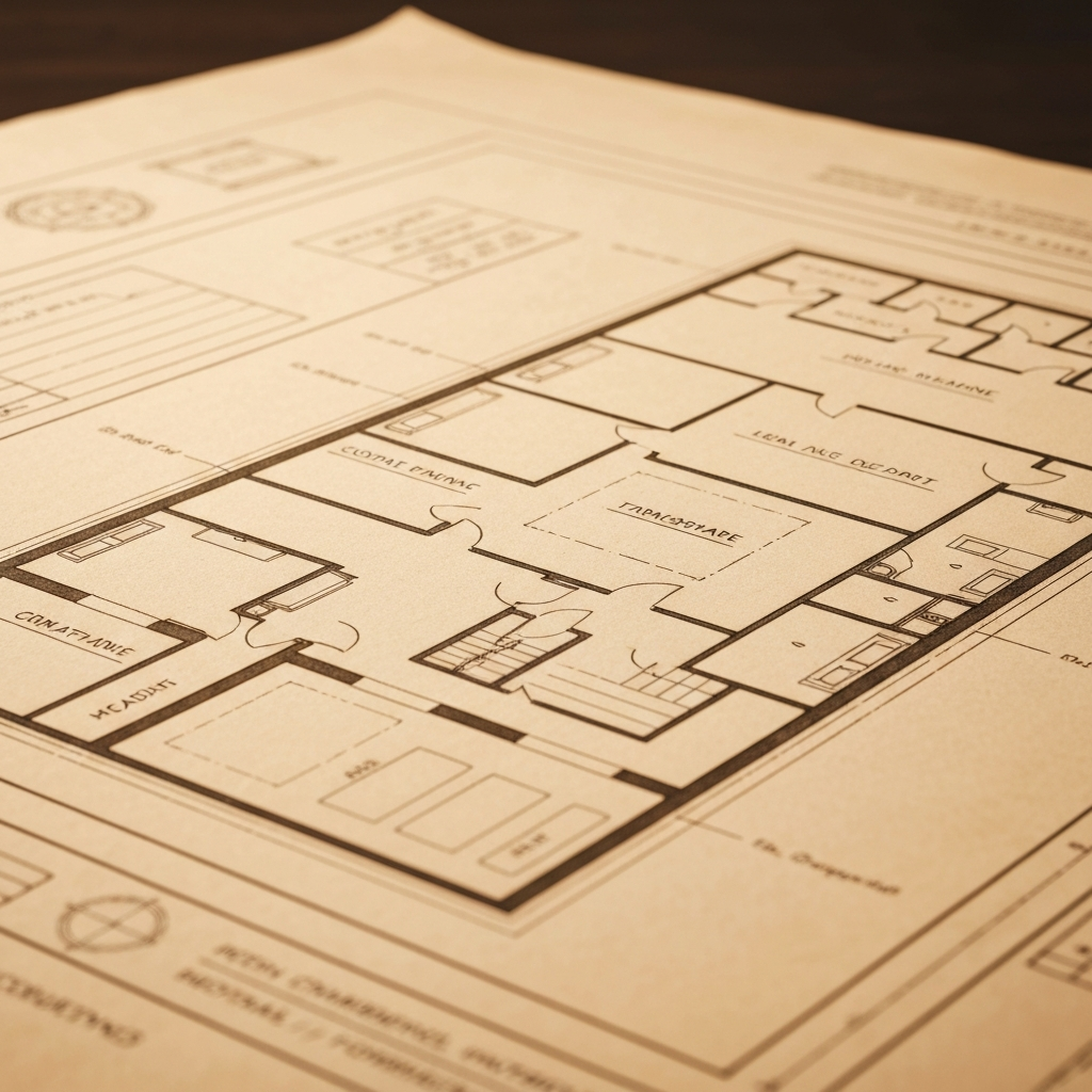A sepia-toned blueprint diagram suggesting the architecture of a written document