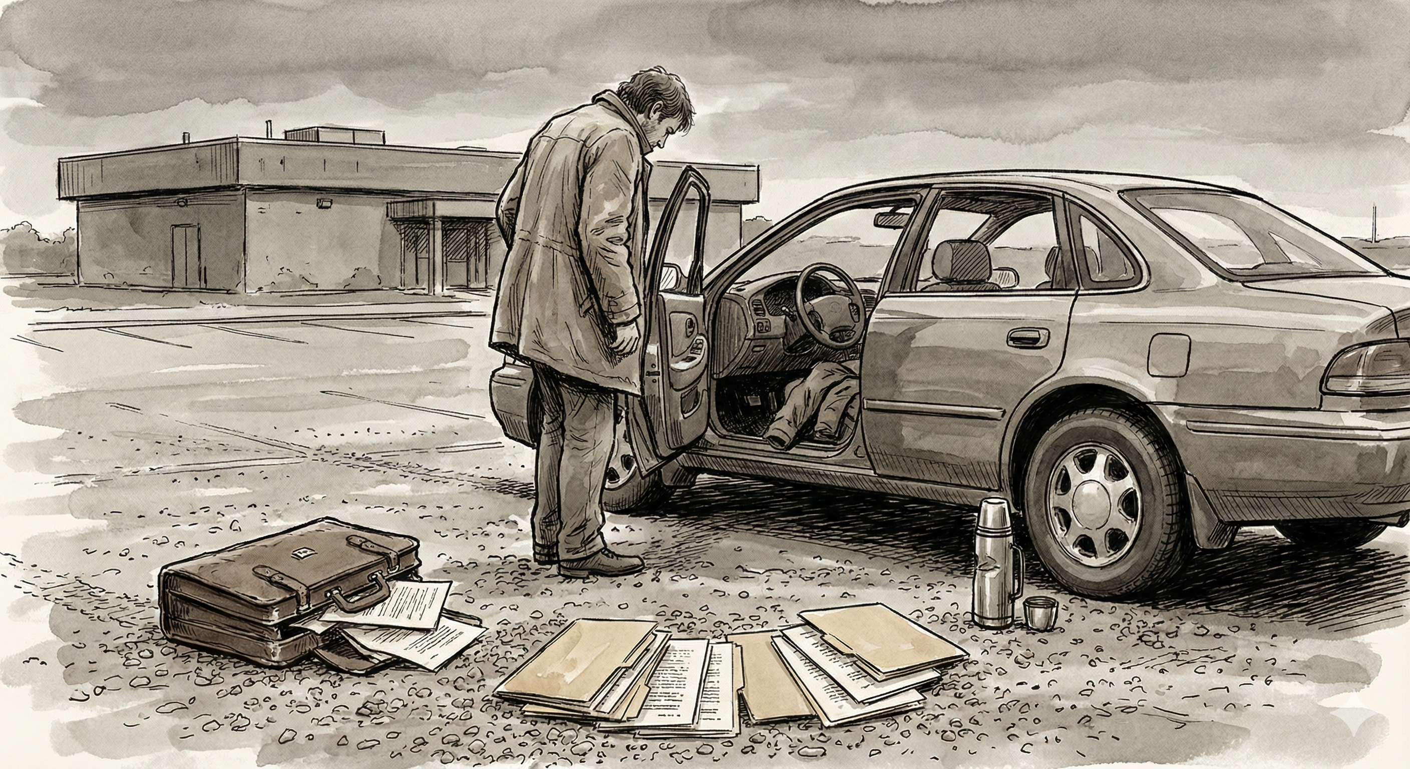 Scattered folders in a parking lot