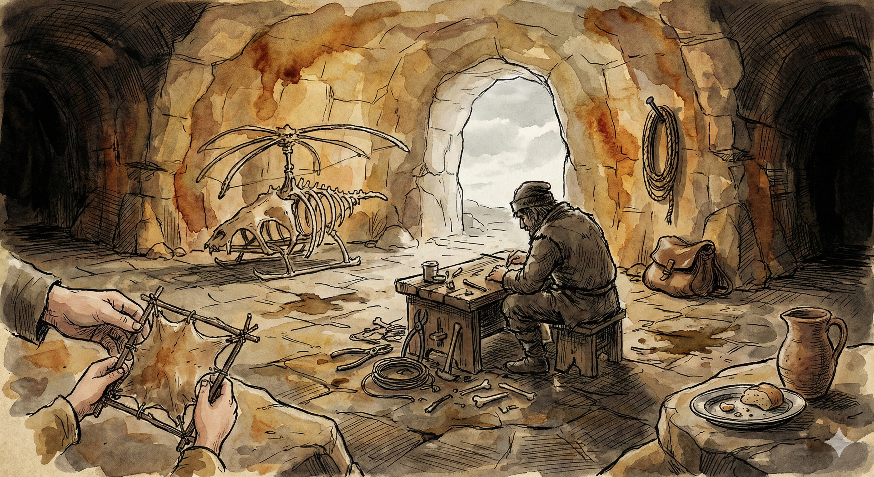 Cave workshop with inventor and flying machine